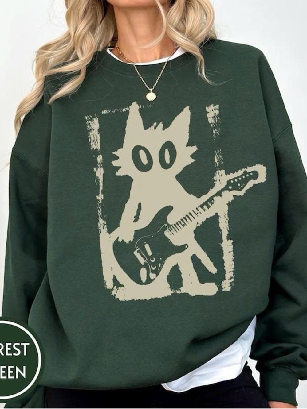 Forest Green Crewneck Sweatshirt with Cream Cat Guitar Graphic